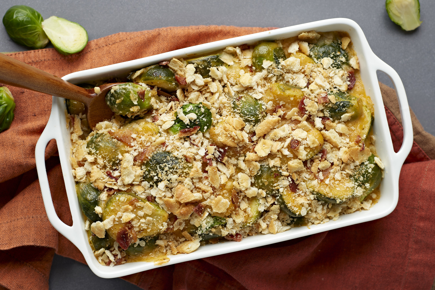Cracker-Topped Brussels Sprouts & Bacon Casserole