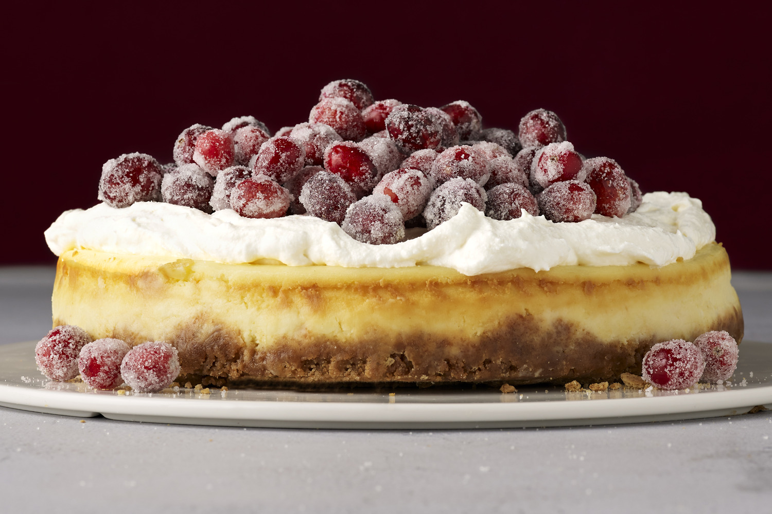White Chocolate Mousse Cheesecake with Sugared Cranberries