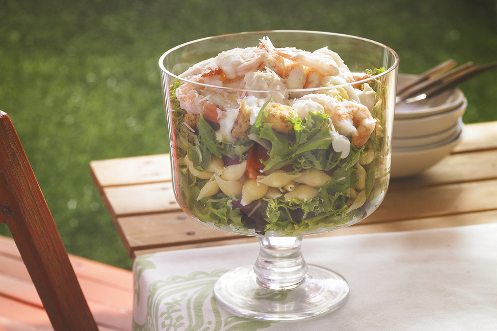 Layered Caesar, Shrimp & Pasta Salad