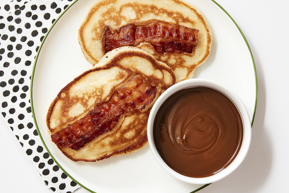 Bacon Pancake Dippers with Chocolate-Peanut Butter Sauce