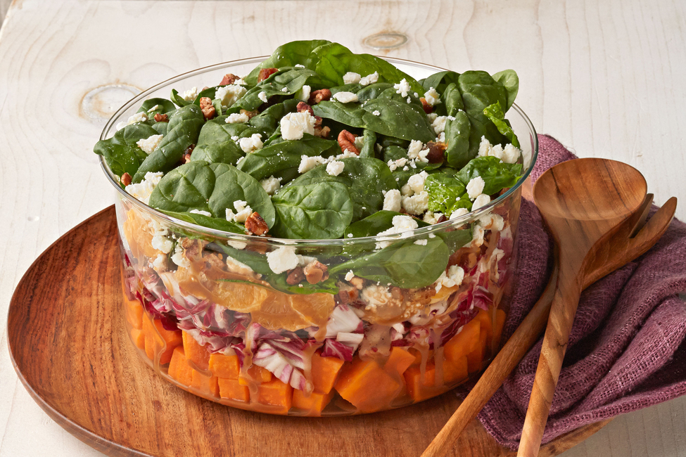 Layered Sweet Potato and Spinach Salad